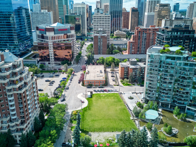 Downtown Calgary buildings surrounding park