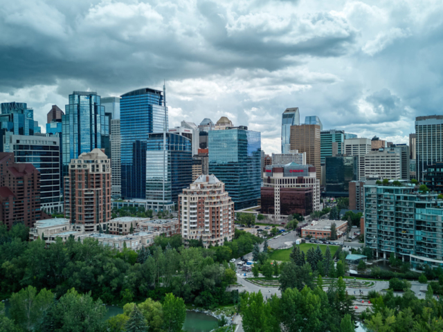 Downtown Calgary skyline near river